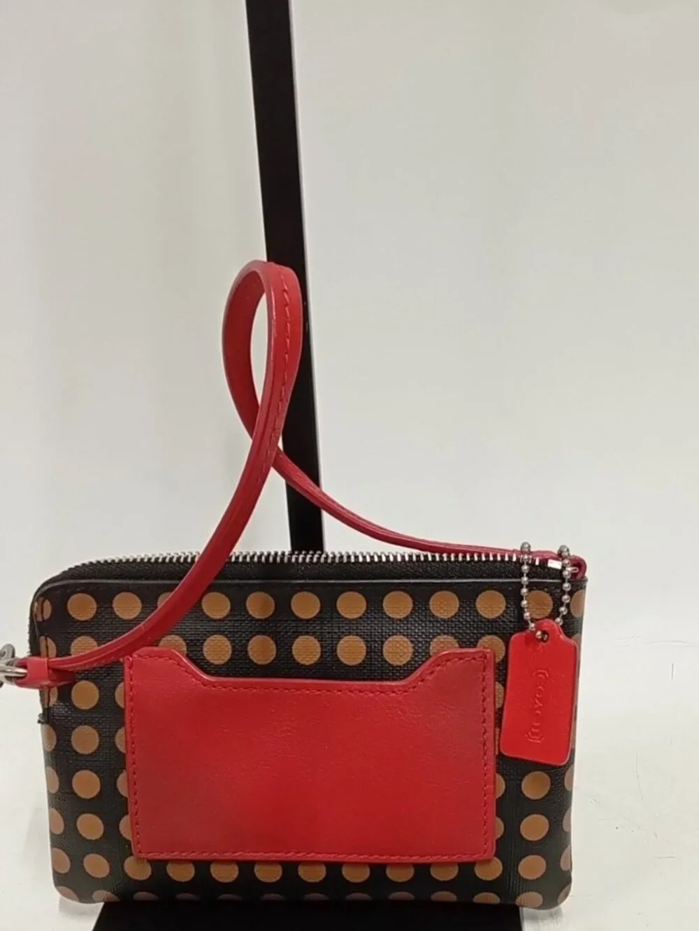 Coach Polka Dot Wristlet Pouch Brown Red Leather Strap